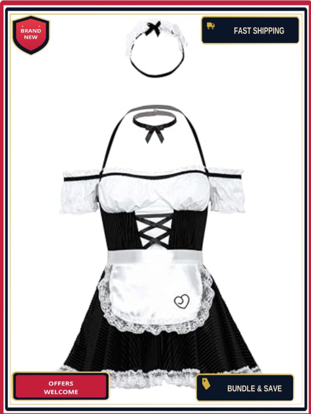 French Maid Costume Set with Apron Headpiece Choker Halterneck Plus Size